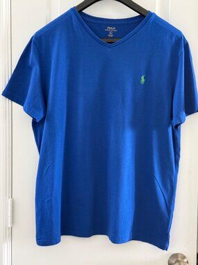 Polo Ralph Lauren Mens Blue V-Neck T-Shirt With Green Embroidered Logo Size L 10